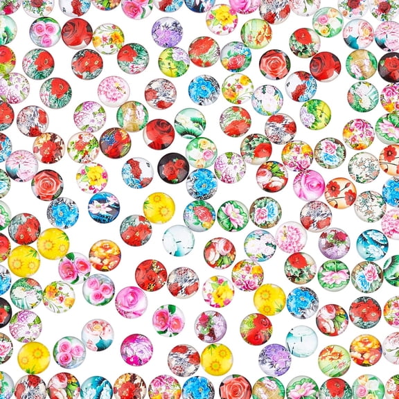 200PCS 12MM Flower Printed Glass Cabochons Flatback Dome Cabochons Pendant for Jewelry Making