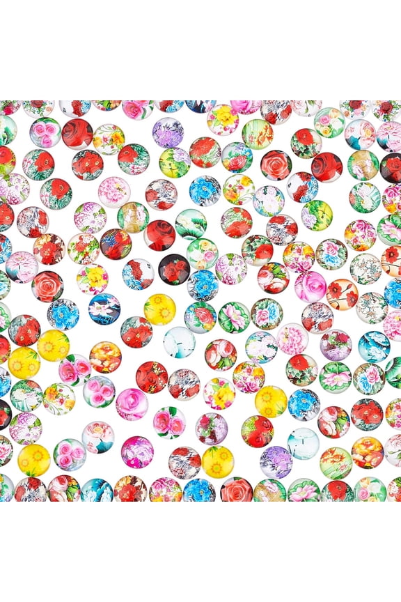 200PCS 12MM Flower Printed Glass Cabochons Flatback Dome Cabochons Pendant for Jewelry Making