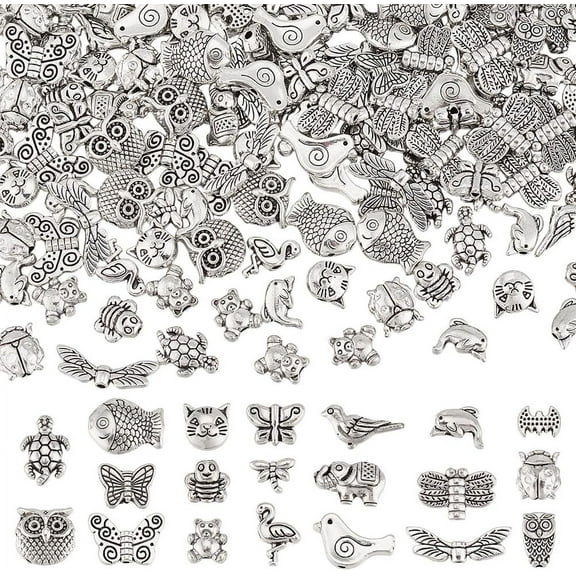 200PCS 20 Styles Tibetan Silver Beads Metal Spacer Beads Alloy Butterfly Owl Bird Dragonfly Bees Beads Charms Animal Loose Spacer Beads for DIY Women Jewelry Crafts Making Supplies
