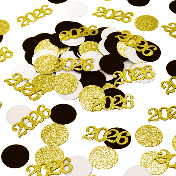 200PCS 2026 Graduation Confetti, Gold Glitter, Black and White, Circle and Number Shapes, Party Table Decoration