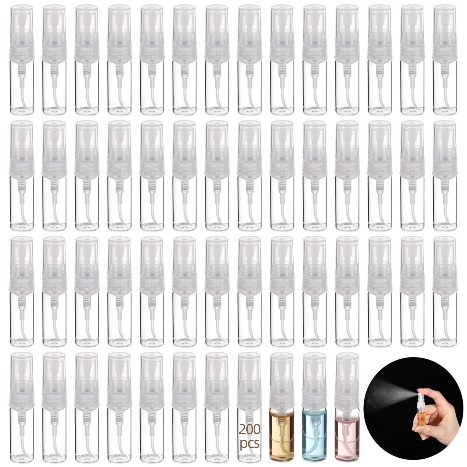 200PCS 3ml Spray Bottles, Mini Clear Glass Perfume Bottles, Portable Refillable Spray Containers, Fine Mist Spray Empty Essential Oil Spray Bottles, Fragrance Sample Atomizer for Home Travel