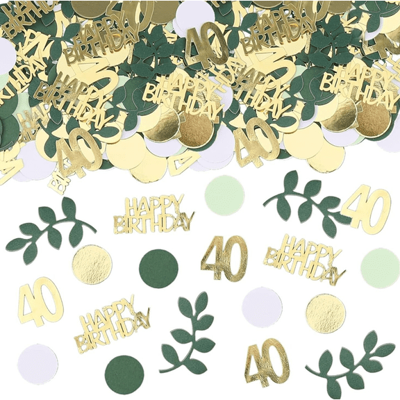 200PCS 40th Happy Birthday Confetti, Gold and Green, Leaves, Circles, Table Scatter Party Decorations