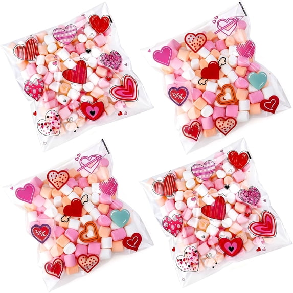 200PCS 5.5x5.5inch Valentine Cellophane Bags, Lovely Clear Red Pink Heart Printed Cookie Bags, Self Adhesive OPP Treat Bag for Cookie Bakery Present Gift Goodies DIY Candy Decorating Bags