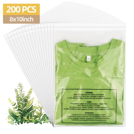 200PCS 8" x 10" Clear Poly Bags with Suffocation Warning, Resealable Adhesive for Clothes