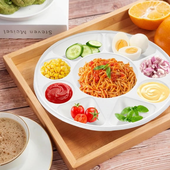 200PCS 9-Compartment Sectioned Round Serving Plates, Heavy-Duty Eco-Friendly Sugarcane Plates for Weddings, Parties, Holidays & Events, Durable & Stylish Disposable Plates for Food Presentation