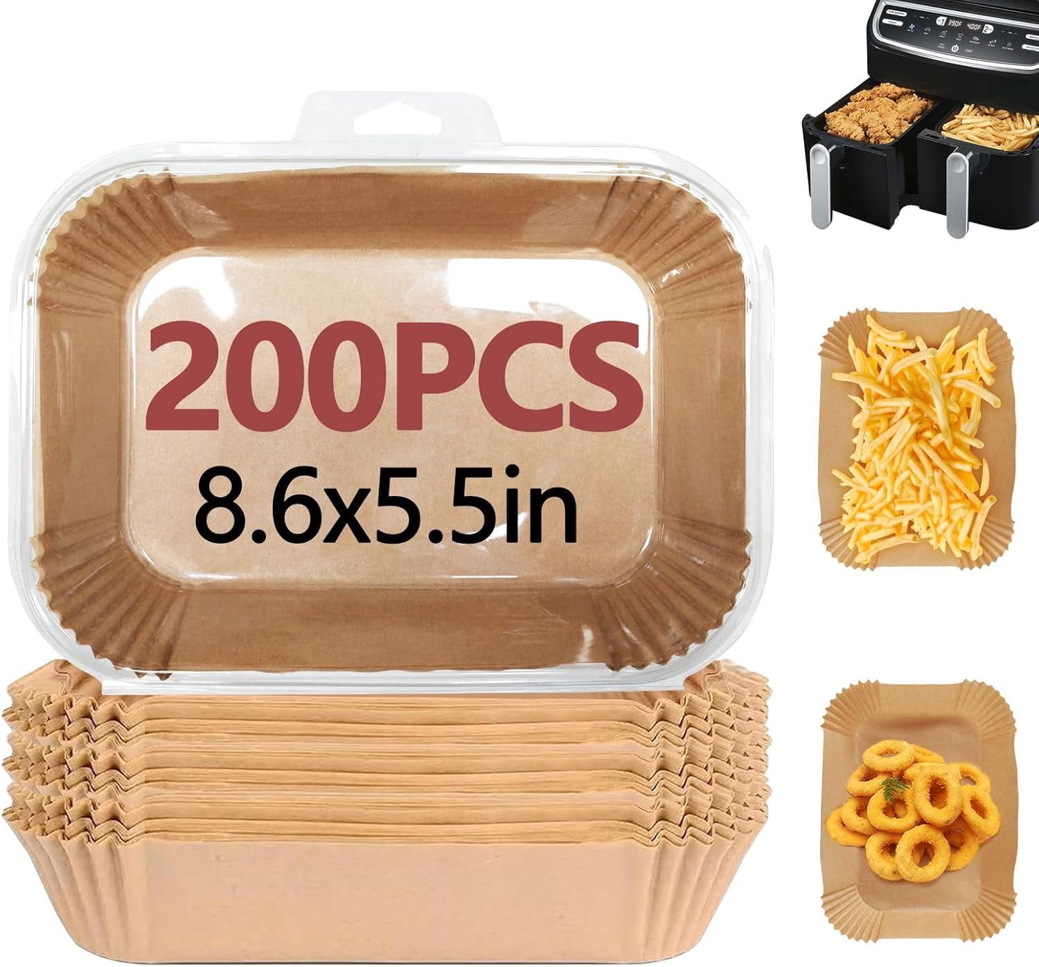 200PCS Air Fryer Liners for Ninja, 8.6 x 5.5 inch Disposable Air Fryer Paper Dual Ba et, Non-Stick Unbleached Parchment Paper Baking Accessories Liners for Natural Ninja DZ201 DZ401