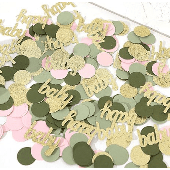200PCS Baby Shower Confetti, Gold Glitter 'Happy Baby' Script, Pink, Sage Green, Circle Paper Table Decoration