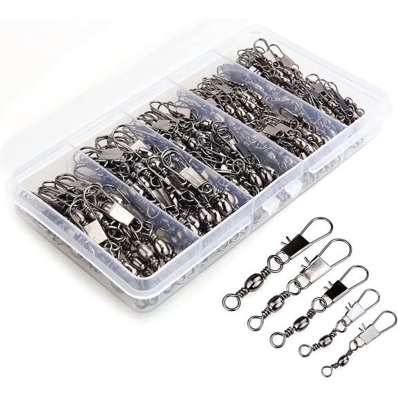 200PCS Barrel Snap Swivel Fishing Accessories, Premium Fishing Gear Equipment with Ball Bearing Swivels Snaps Connector for Quick Connect Fishing Lures