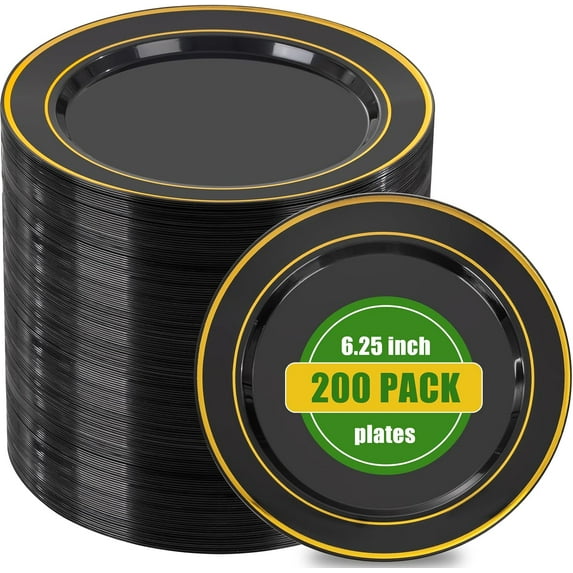 200PCS Black and Gold Plastic Plates - 6.25inch Black with Gold Rim Disposable Dessert/Salad/Appetizer/Small Cake Plates - Ideal for Party & Halloween