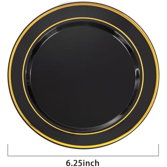 200PCS Black and Gold Plastic Plates - 6.25inch Black with Gold Rim Disposable Dessert/Salad/Appetizer/Small Cake Plates - Ideal for Party & New Year