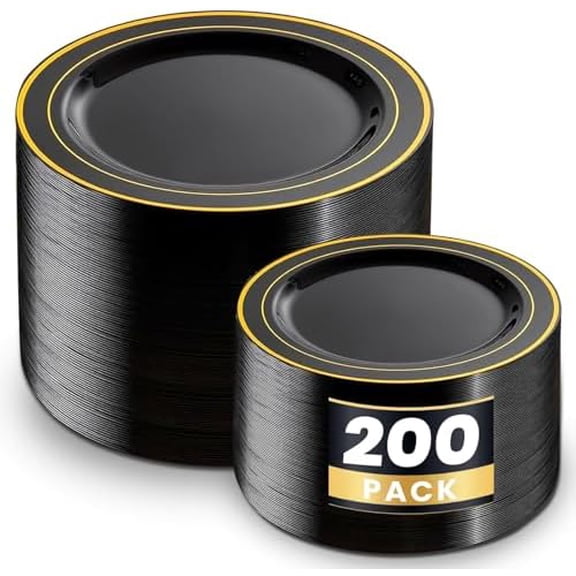 200PCS Black and Gold Plastic Plates - Black Plates Disposable for Party - Heavy Duty Plastic Plate for Graduation Wedding Party Birthday