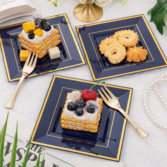 200PCS Blue Plastic Dessert Plates with Plastic Forks - 6' 100 Square Disposable Appetizer Plates Small Cake Plates with Gold & 100 Navy Blue Small Appetizer Forks for Party, Wedding, Birthday