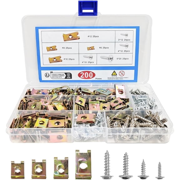 200PCS Car UClips with Screw Assortment Kit, #6/8/10/12 4 Sizes U-Style Clip-On Nuts Automotive Screws, Metal U-Type Fasteners Retainers for Dash Door Panel Interior Trim