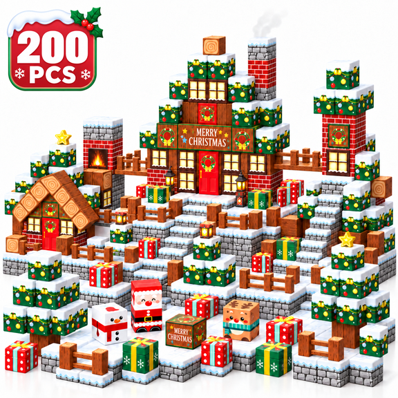 TIMETOME 200PCS Magnetic Blocks for Kids Ages 3+, Christmas Magnetic Cubes & Building Blocks, Large STEM Christmas Village Set