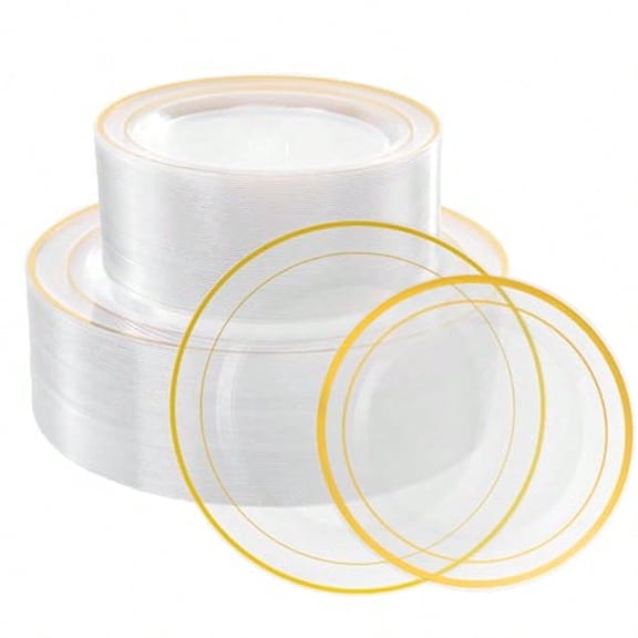 200PCS Clear Plastic Plate with Gold Rim Includes 100pcs Dinner Plates 10 and 100pcs Dert Plates 7 Disposable Elegant Plate for Birthdays Parties Weddings and Daily Use