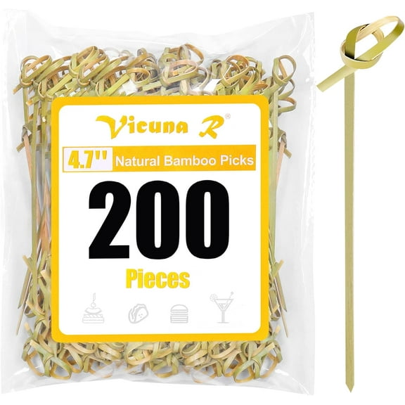 200PCS Cocktail Picks Bamboo Skewers for Appetizers, Fancy Toothpicks for Appetizers, 4.7 Inch Long Decorative Knot Bamboo Cocktail Sticks for Party Drinks Food Fruit Charcuterie Boards Accessories