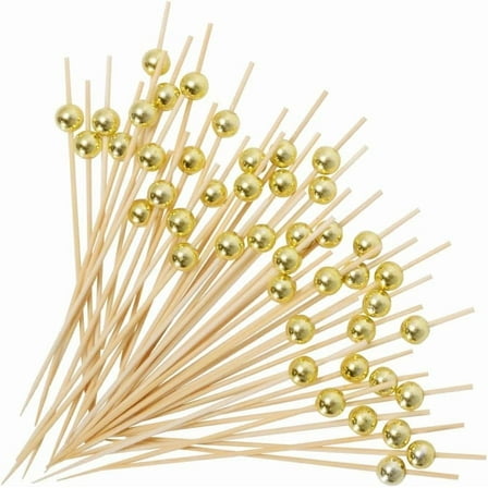 200PCS Cocktail Picks, Fancy Toothpicks for Appetizers, Decorative Skewers for Appetizers Drinks Party Fruit, 4.7 Inch Long Wooden Bamboo Gold Ball Food Sticks Charcuterie Boards Accessories