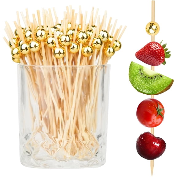 200PCS Cocktail Picks, Fancy Toothpicks for Appetizers, Decorative Skewers Appetizers Drinks Party Fruit, 4.7 Inch Long Wooden Bamboo Gold Ball Food Sticks Charcuterie Boards Accessories