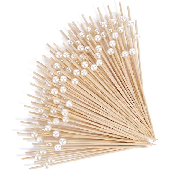 200PCS Cocktail Picks, Fancy Toothpicks for Appetizers, Decorative Skewers for Appetizers Drinks Party Fruit, 4.7 Inch Long Wooden Bamboo White Ball Food Sticks Charcuterie Boards Accessories