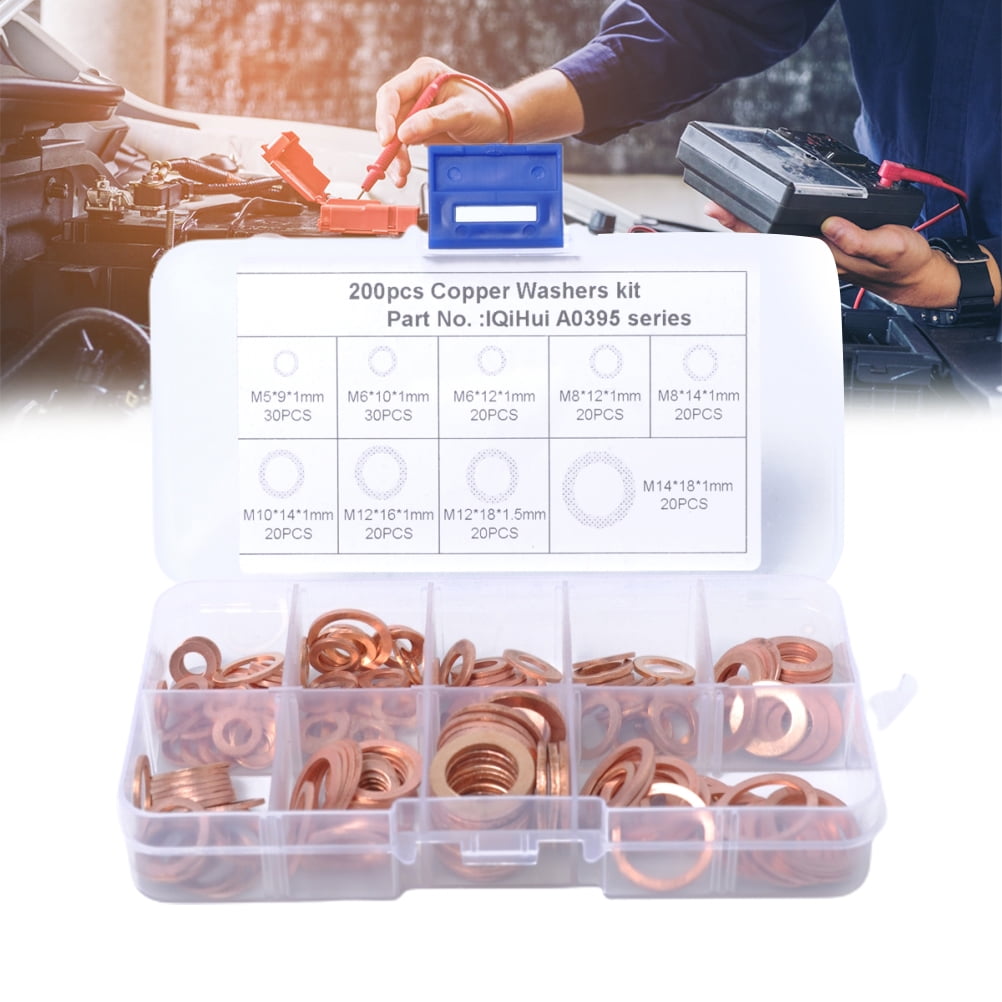 200PCS Copper Crush Washers Spacer Copper Shim Sealing Ring Set for Car