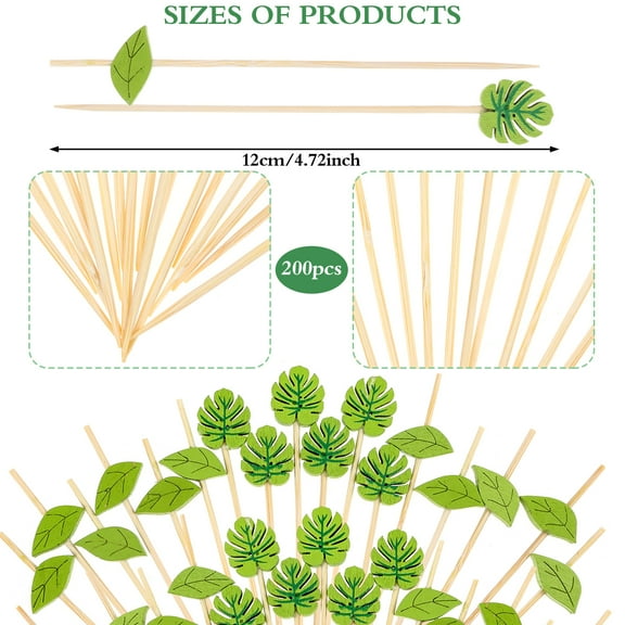 200PCS Disposable Green Leaf Cocktail Picks Plam Leaf Handmade Toothpicks Bamboo