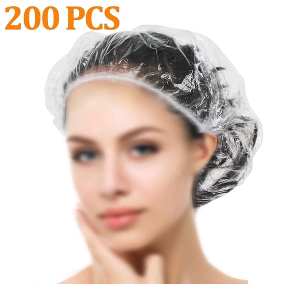 OFEFE 200PCS Disposable Shower Caps,Plastic Clear Hair Cap Large Thick Waterproof Bath Caps for Women,Hotel Travel Essentials Accessories Deep Conditioning Hair(16.3")