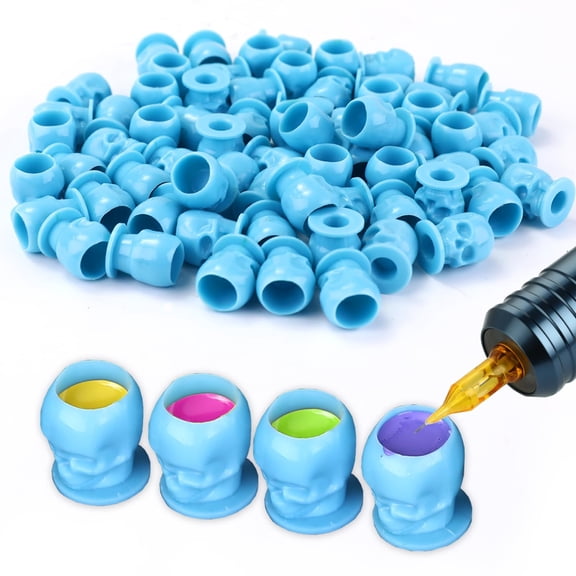 200PCS Disposable Tattoo Ink Caps - Plastic Skull Cups With Base for Permanent Makeup Pigment - Holder Container Accessories Supplies - Blue