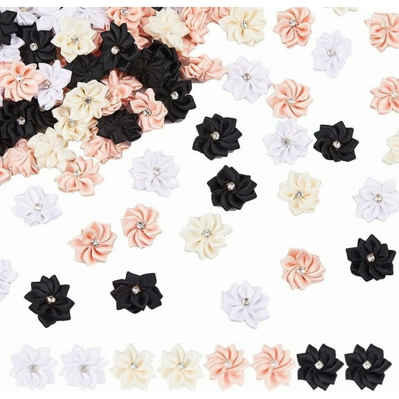 200PCS Fabric Flowers with Rhinestones 4 Colors Flower Ribbon Appliques Satin Ribbon Flowers