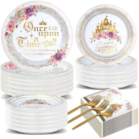 200PCS Fairytale Princess Tableware Set (Serves 50): "Once Upon a Time" style, pink floral/gold castle; for wedding/girl’ birthday/baby shower decor. + Home Decor, Kitchen, & Other