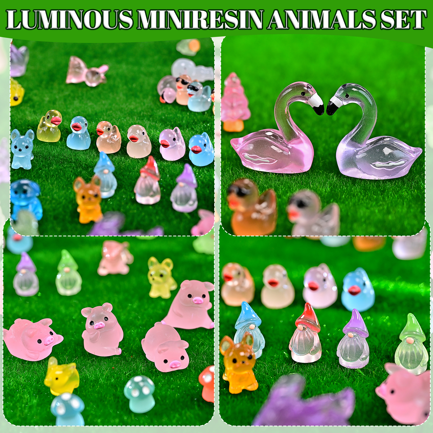 200PCS Glow in The Dark Mini Resin Animals Bulk Variety Pack - 36 Styles Tiny Miniature Figures for Fairy Garden, Dollhouse, Aquarium Decor, Hide and Seek, Crafts, Christmas Gift