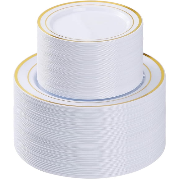 200PCS Gold Disposable Plastic Plates Set 100 Dinner 10.25 Inch and 100 Dessert 7.5 Inch