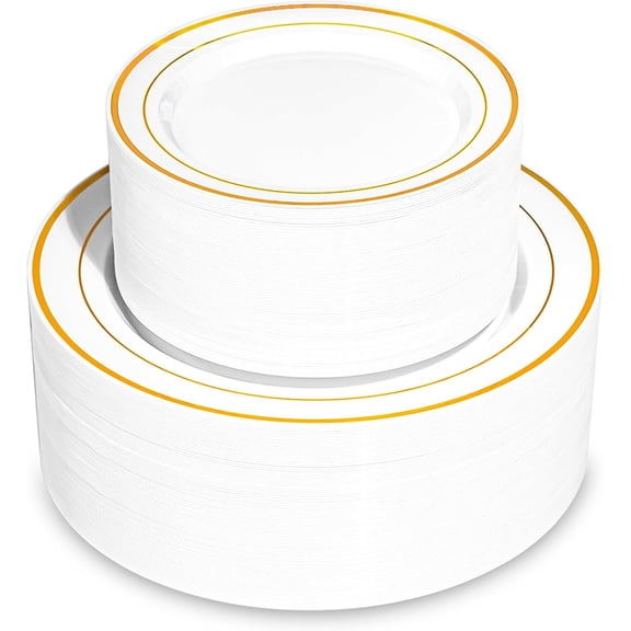 200PCS Gold Disposable Plastic Plates with Gold Rim 100 Dinner and 100 Dessert Plates