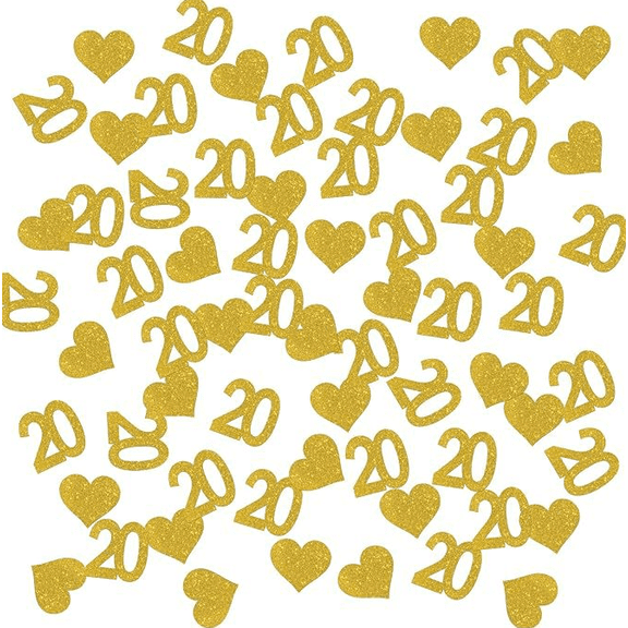 200PCS Gold Glitter Number 20 and Heart Confetti, Birthday Anniversary Party Table Decoration