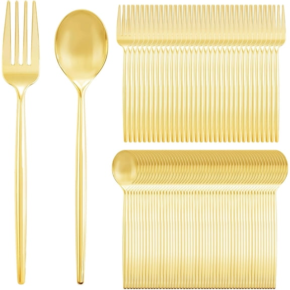 200PCS Gold Plastic Forks and Spoons Heavy Duty Set, Gold Disposable Silverware, gold Cutlery, Disposable Utensils, Plastic Flatware Includes 100 Forks, 100 Spoons for Party