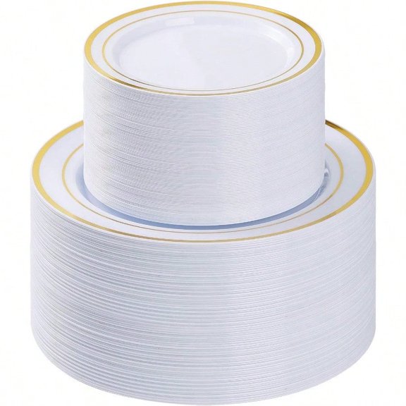 200PCS Gold Plastic Plate Disposable Party Plates With 100 Dinner Plates And 100 Dert Plates Plastic Plates For Party Wedding And Birthday