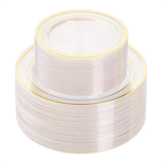 200PCS Gold Plastic Plate, Disposable Party Plates with 100 Dinner Plates and 100 Dessert Plates, Plastic Plates for Party, Wedding and Birthday