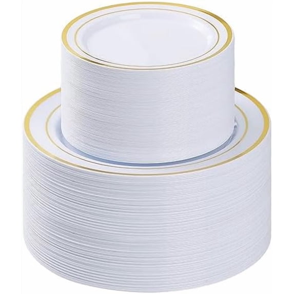 200PCS Gold Plastic Plate, Disposable Party Plates with 100 Dinner Plates and 100 Dessert Plates, Plastic Plates for Party, Wedding and Birthday