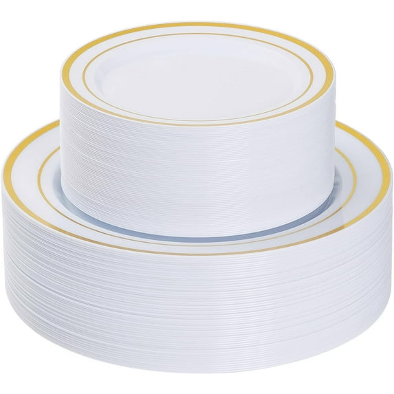 200PCS Gold Plastic Plates, Heavy Duty Disposable Gold Plates with 100 10.25 inch Dinner Plates and 100 7.5 inch Dessert Plates, Disposable Plates for Party, Holiday, Wedding, Thanksgiving