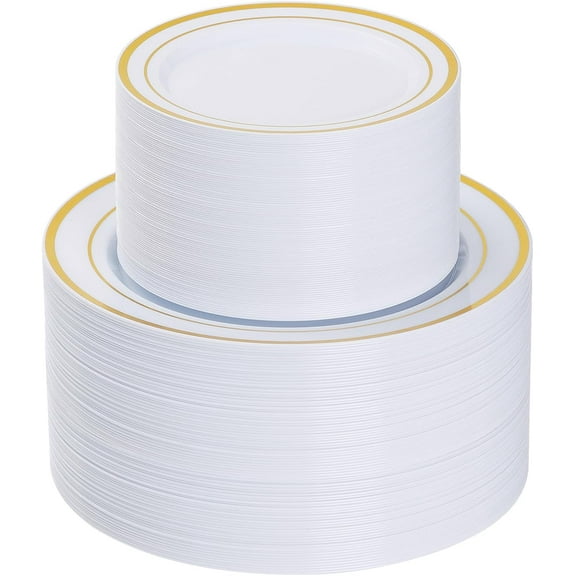 200PCS Gold Plastic Plates, Heavy Duty Disposable Gold Plates with 100 10.25 inch Dinner Plates and 100 7.5 inch Dessert Plates for Party, Holiday, Wedding, Thanksgiving