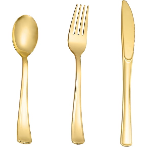 200PCS Gold Plastic Silverware Set, Heavy Duty Spoons and Forks Silver Plastic Cutlery Including 100pcs Forks, 50pcs Spoons, 50pcs Knives, Disposable Silverware for Party,Wedding, and Everyday Use
