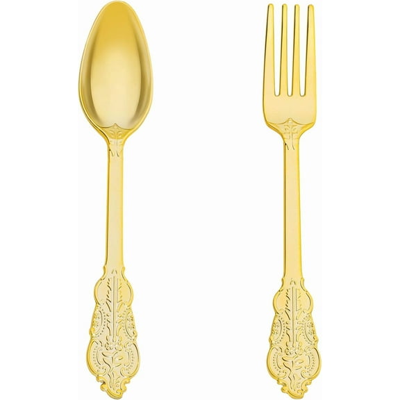 200PCS Gold Spoons and Forks Set, Heavy Duty Gold Plastic Silverware Set Fancy Disposable Utensils for Parties, Elegant Cutlery Sets for Wedding, Birthday(100 Forks & 100 Spoons)