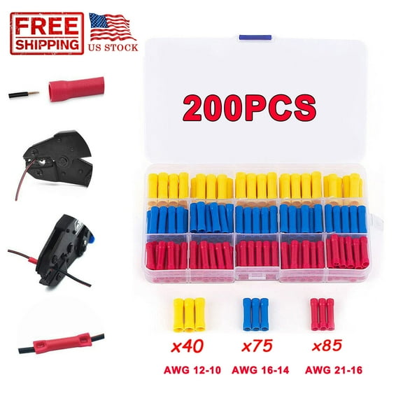 200PCS Insulated Straight Electrical Wire Connectors Butt Splice Crimp Terminals 10-26AWG 0.25-6.0mm
