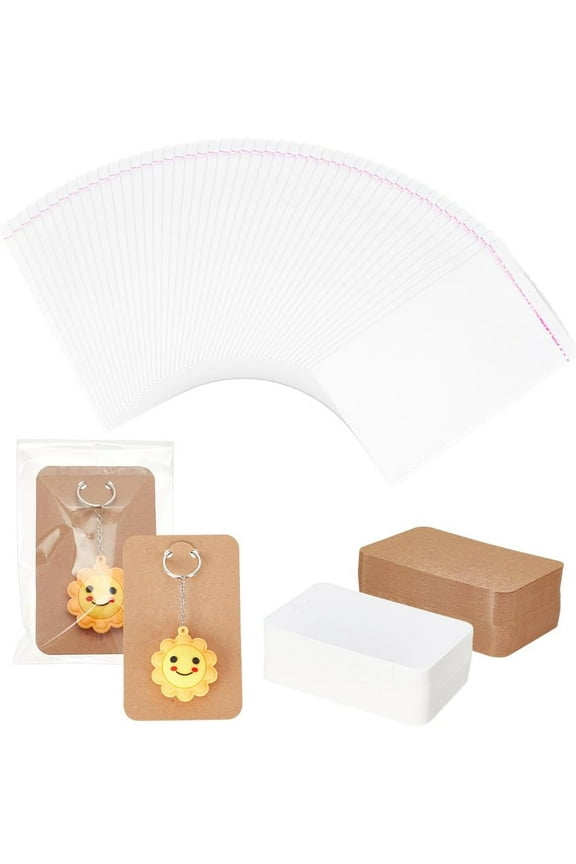 200PCS Keychain Display Cards 2 Colors 4.7x3inch White and Brown Jewelry Display Cards with 200PCS Cellophane Bags for Display Keyring Cards Jewelry Packaging Supplies Colorful