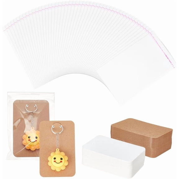 200PCS Keychain Display Cards 2 Colors 4.7x3inch White and Brown Jewelry Display Cards with 200PCS Cellophane Bags for Display Keyring Cards Jewelry Packaging Supplies DIYDIY