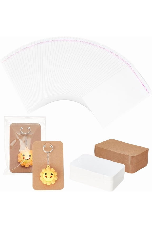 200PCS Keychain Display Cards 2 Colors 4.7x3inch White and Brown Jewelry Display Cards with 200PCS Cellophane Bags for Display Keyring Cards Jewelry Packaging Supplies DIYDIY