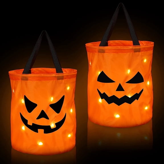 2 Pcs 12 x 10 Inches Light LED Halloween Trick or Treat Bucket Pumpkin Candy Large Bags Collapsible Ghost Multipurpose Reusable Halloween Basket Birthday Party Goodie(Orange,Classic Style)