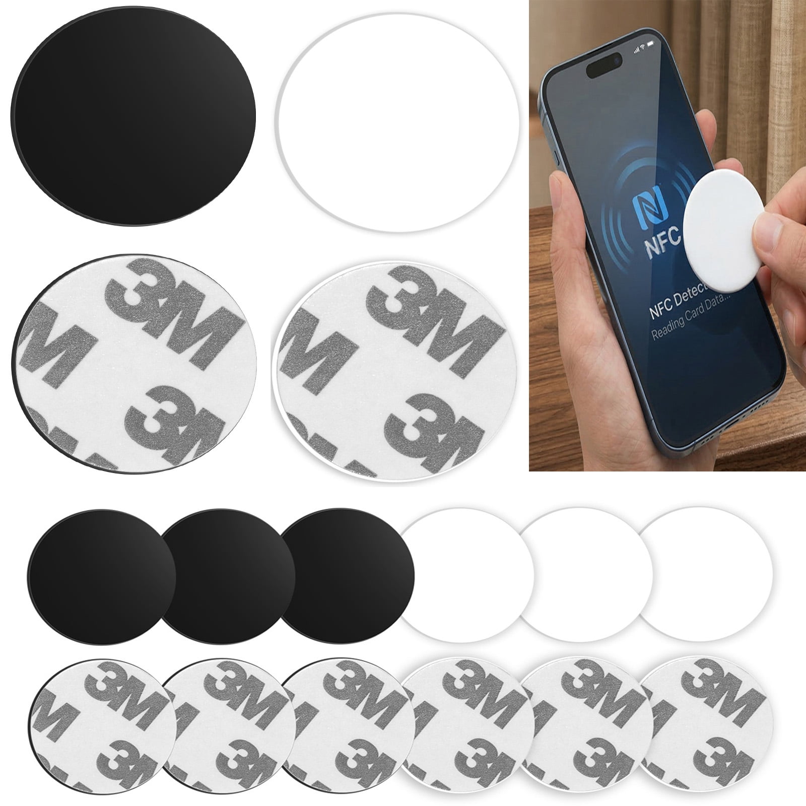 200PCS NFC Stickers Tags, 25mm Rewritable NTAG215 Blank NFC Cards with Adhesive Back, 504 Bytes Memory NFC Coin Card Chip for NFC Enabled Devices Phone Calls Automatically Commands (White, Black)