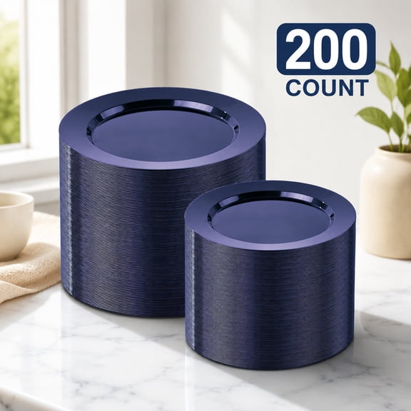 200PCS Navy Blue Disposable Plastic Plates - Heavy Duty 10" & 7" Party Plates for 100 Guests - Durable Tableware for Holidays and Events