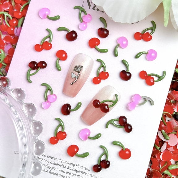 200PCS New Translucent Creative Double Cherry Resin Nail Charms 3D Adorable Simulated Colorful Single Cherry Nail Art Decorations DIY Phone Case Nails
