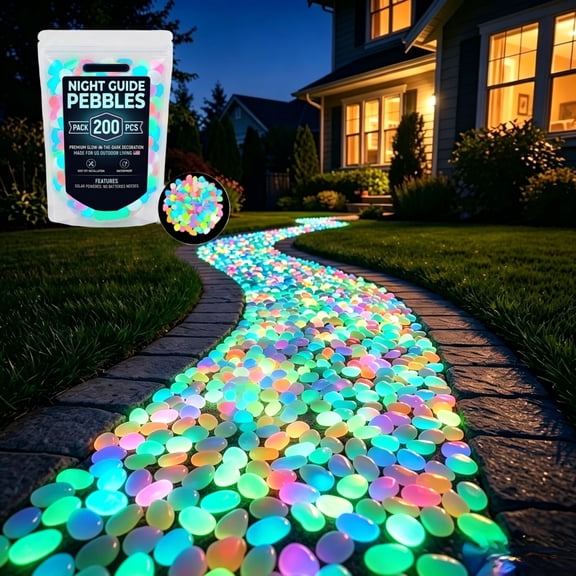 200PCS Outdoor Luminous Stones for Glow in the Dark Walkways, Night Guide Pebbles Garden River Pebbles, Artificial Landscape Rocks for Driveway Walkway Stepping Stone Paths with Natural Look
